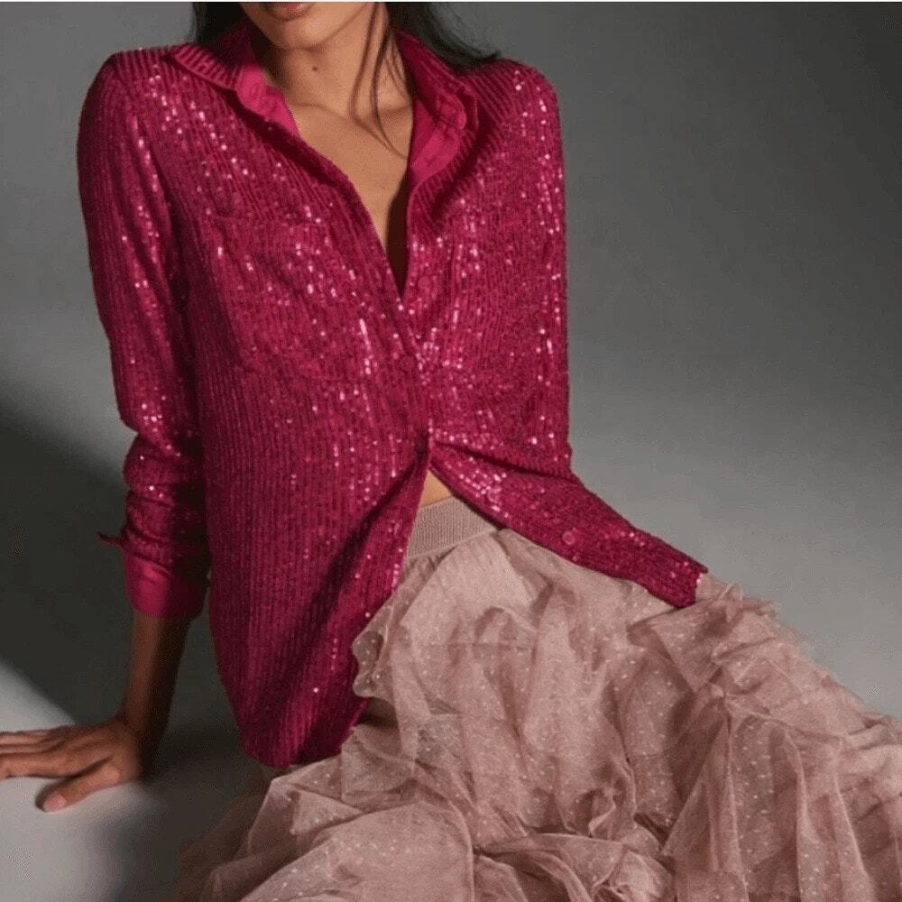 NWT Anthropologie Remie Sequin Button Down Blouse Pink Top Long Sleeves Size XS